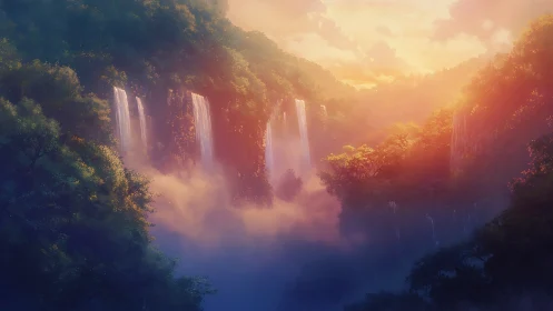 Mist-draped cascades glow in a dreamlit valley of dawn.