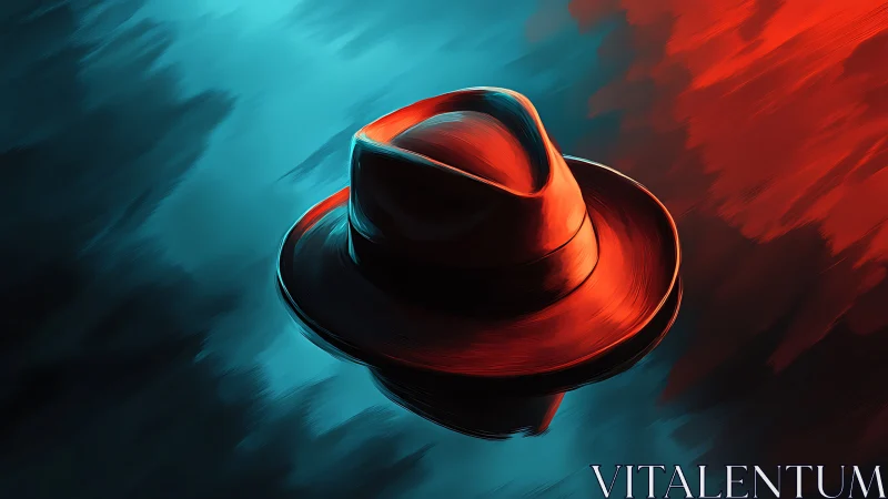 Digital painting of red fedora in dual-color lighting field.