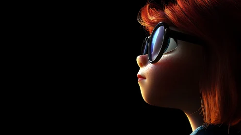 Cinematic 3D profile of freckled child in reflective glasses.