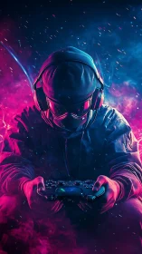 Hooded gamer holds controller in neon pink and blue glow.