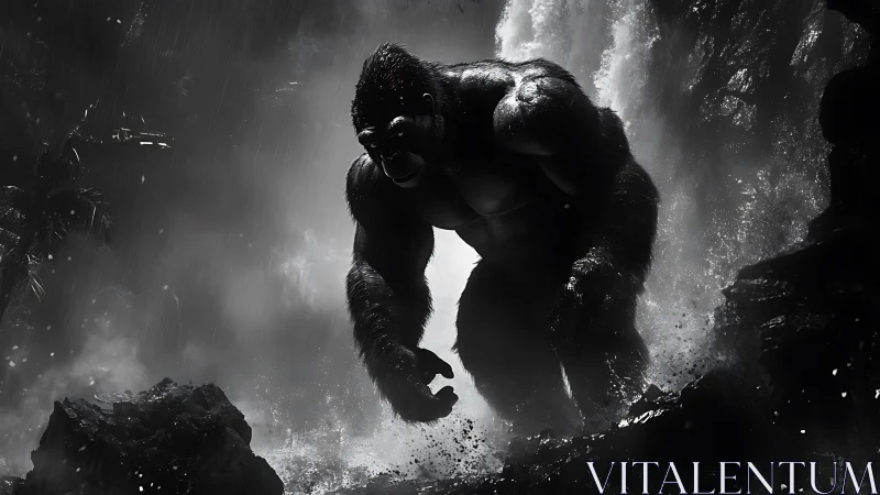Majestic jungle giant emerging through stormy waterfall mist.
