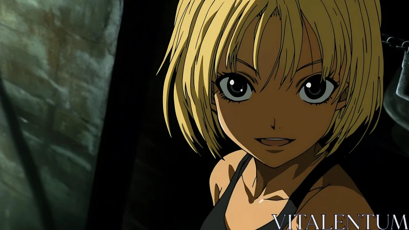 Blonde anime girl in dark industrial setting, bold gaze.
