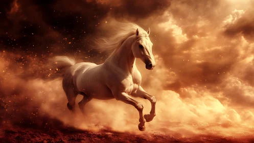 Radiant white horse charges through glowing storm clouds
