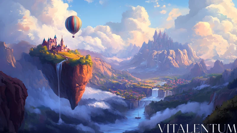 Floating cliff castle overlooks river valley and distant citadel