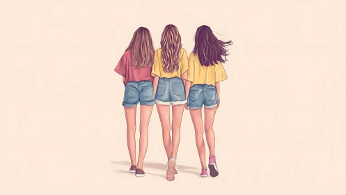 Three Girls Walking Together in Summer, Digital Illustration.