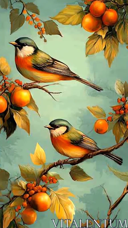 Two small songbirds perch on fruiting branches against teal