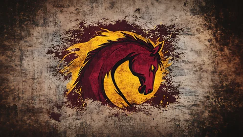 Stylized maroon horse emblem over textured yellow burst