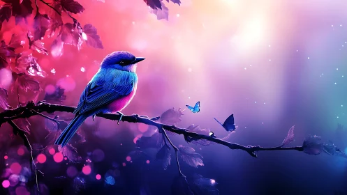 Vibrant blue bird and butterflies on branch in dreamy digital art.
