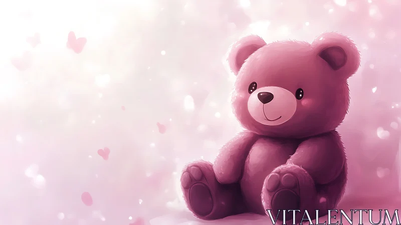 Pink teddy bear illustration on soft blurred background.