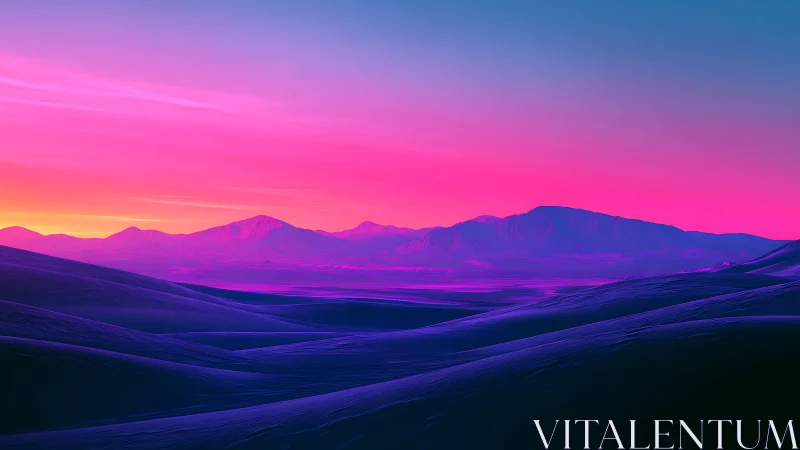 Neon desert dunes under vivid magenta twilight sky.