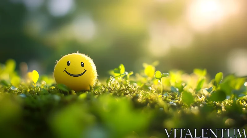 Smiling yellow ball amid sunlit moss and seedlings glow.