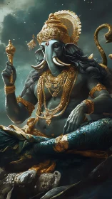 Stormlit elephant deity in ocean throne of gilded calm.