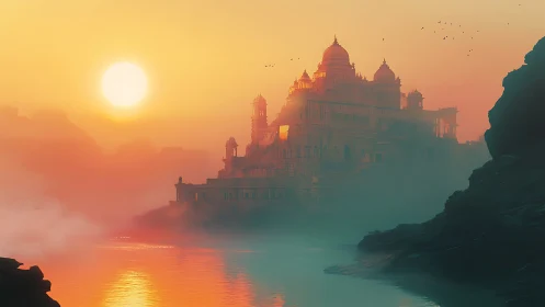 Sunlit riverside palace emerging through dense morning mist.
