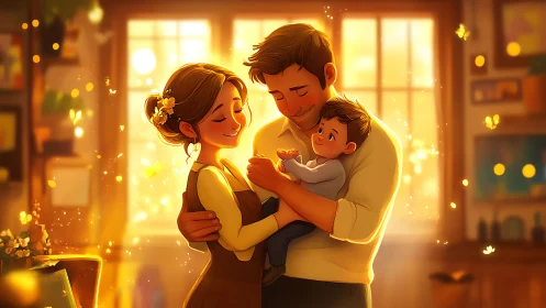 Warm family moment with glowing interior light.