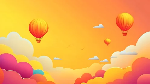 Warm gradient sky with hot air balloons above soft clouds.