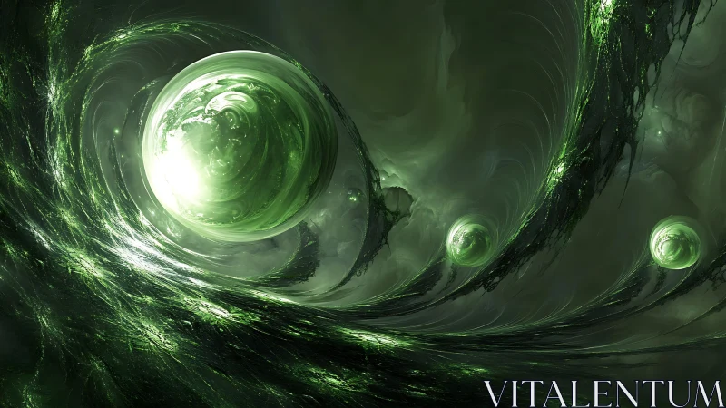 Fractal green energy spheres in swirling digital vortex field.