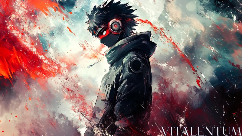 Cyber-audio vigilante amid turbulent chromatic vortices.