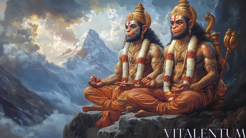 Simian deities in seated meditation on high mountain ledge.