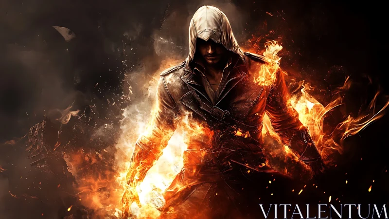 Hooded fire warrior stepping from darkness in blazing flame.