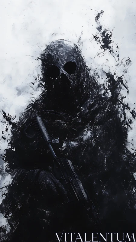 Void-cloaked wraith sentinel dissolving into stormed shadow.