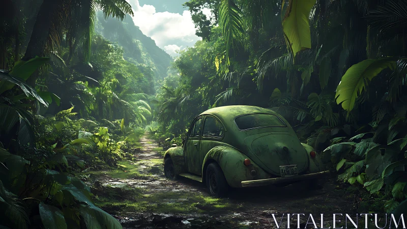 Weathered compact car on muddy jungle track at daylight.