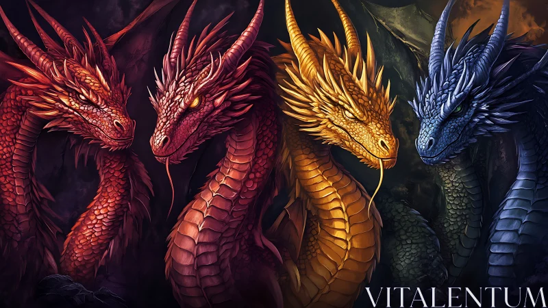 Four elemental dragons in vivid chromatic portrait lineup.