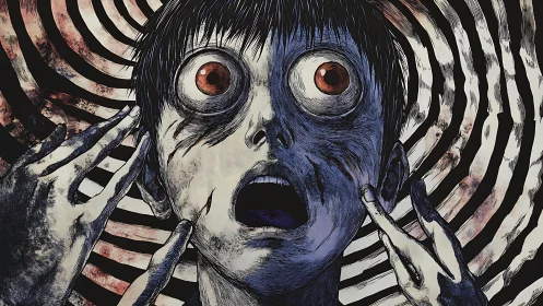 Terrified figure consumed by spiraling horror pattern.