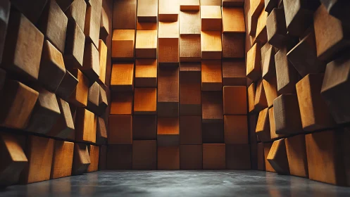 Geometric wooden cube chamber glows with warm abstract light