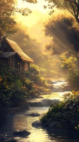 Golden hour forest stream illuminates rustic riverside cottage