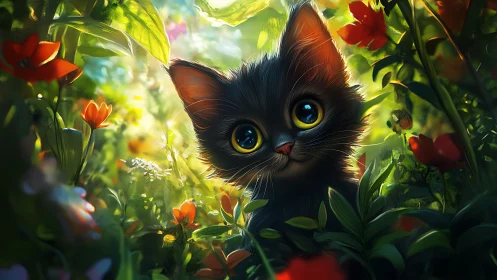 Black Cat with Golden Eyes Among Garden Flowers