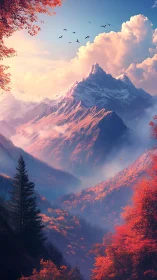 Autumn ember valley beneath cotton-crowned peaks at dawn.