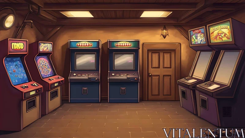 Row of retro arcade cabinets in a small wooden room.