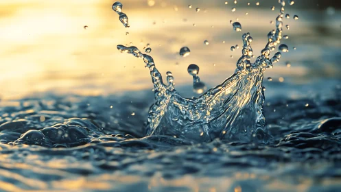Photorealistic high-speed water splash with golden backlight.
