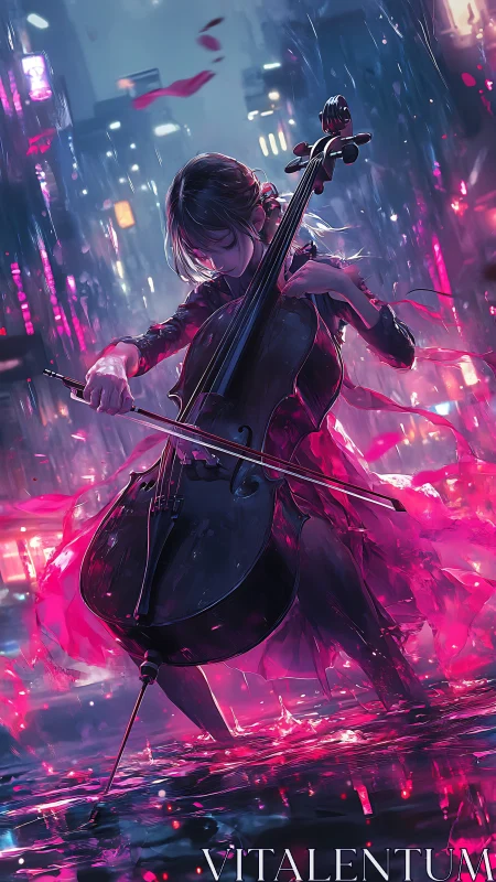 Cellist generates neon energy waves in reflective cyberpunk street