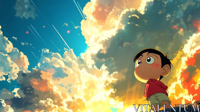 Child gazing at radiant sunset sky with falling streaks.
