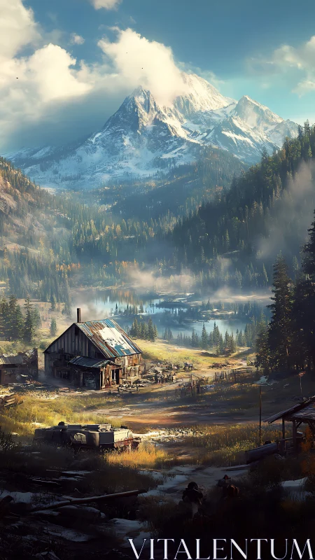 Digital painting of alpine homestead beneath dramatic peaks.