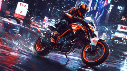 High-speed sport motorcycle cornering on wet neon-lit city street