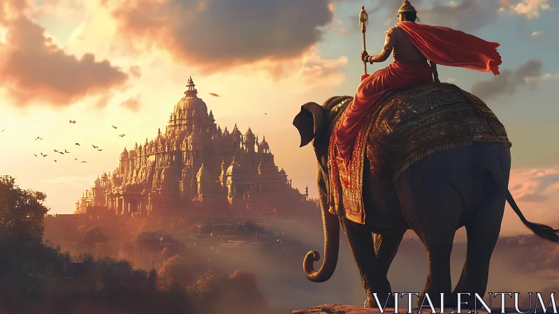 Warrior on royal elephant surveys sunlit ancient temple city