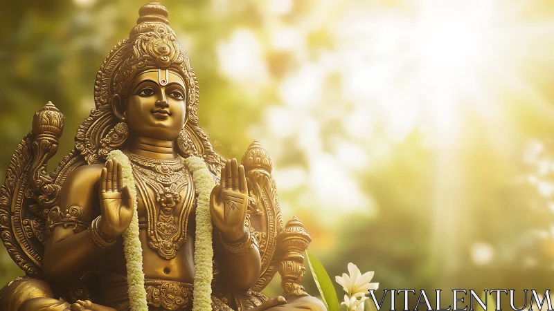 Golden deity listens to sunlight pour through the grove