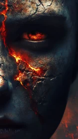 Burning cracked face with molten eye and dark textures.