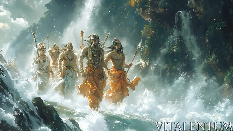 Warriors crossing turbulent river below steep waterfalls.