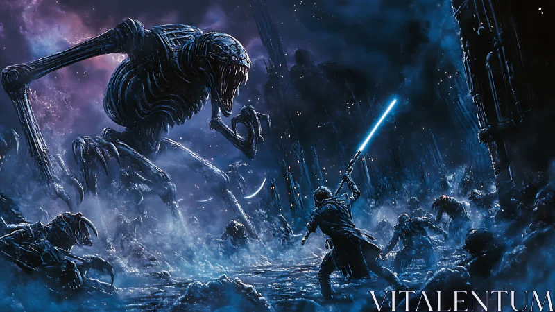 Neon blade warrior confronts towering biomech nightmare in ruins.