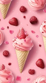 Strawberry raspberry soft serve cones on pink dessert backdrop