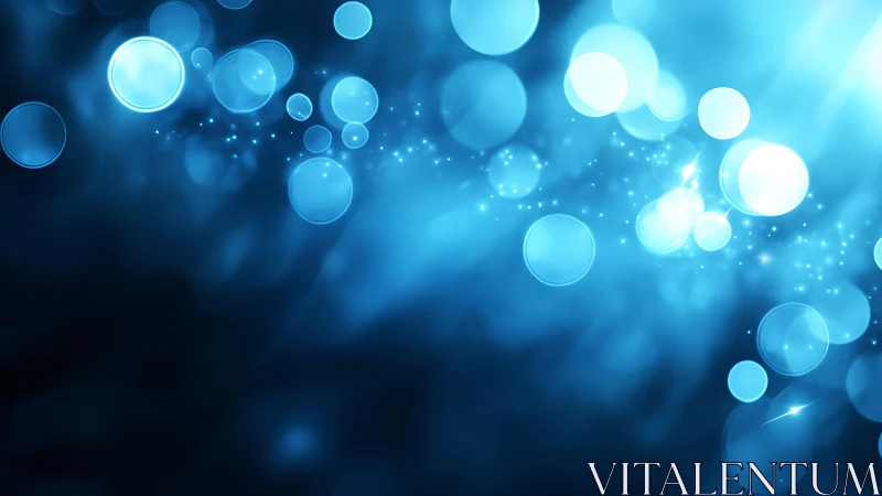 Abstract glowing blue bokeh lights on dark background, digital art.
