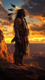 Sunlit warrior gazes across dramatic desert canyon horizon.