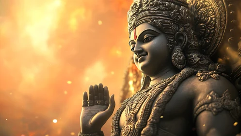 Serene Hindu deity statue against warm glowing bokeh background.