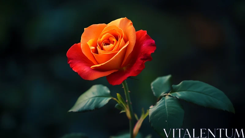 Orange-Red Rose Blossom Against Dark Foliage.