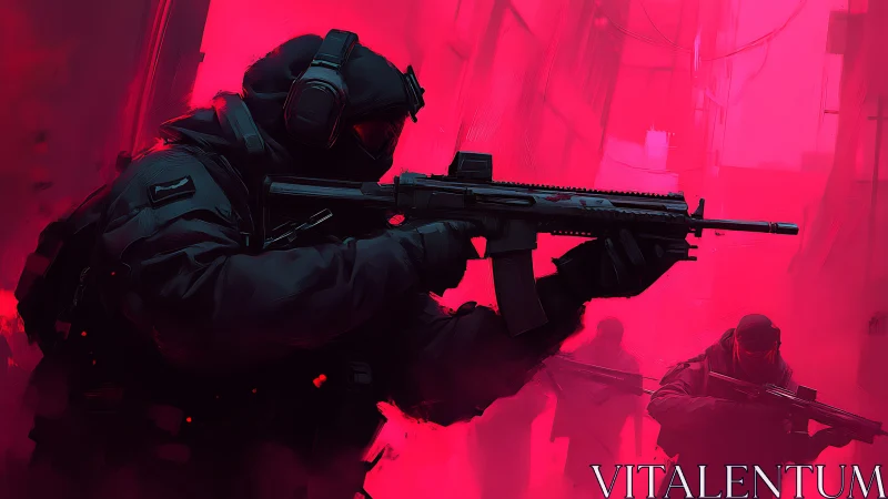 Tactical assault team advancing through neon red smoke.