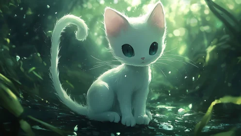 Luminous White Kitten in Enchanted Forest Glow.