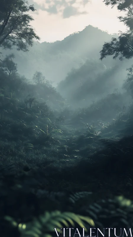 Misty Jungle Valley Between Forested Mountains.